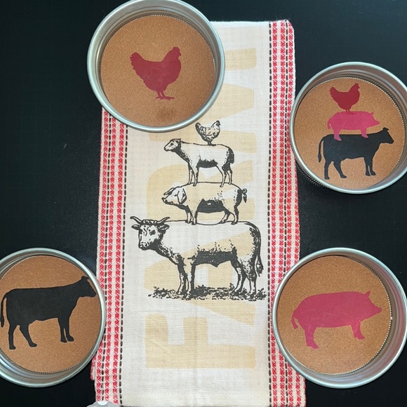Farm Fresh collection: Mason jar coasters rooster/cow/pig silhouette on cork-New - Picture 6 of 16